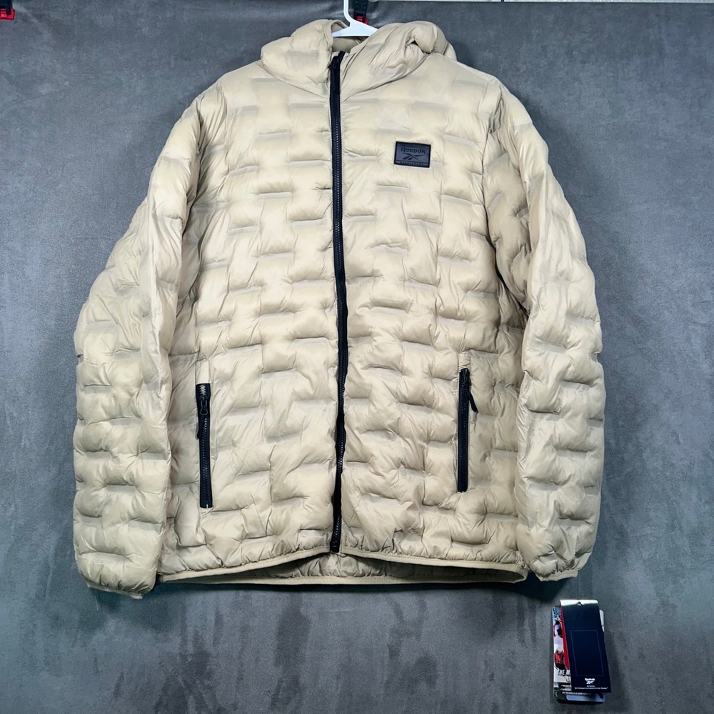 Reebok Mens Puffer Jacket Sand Beige Hooded Insulated Coat OMRB1253 Size L NWT